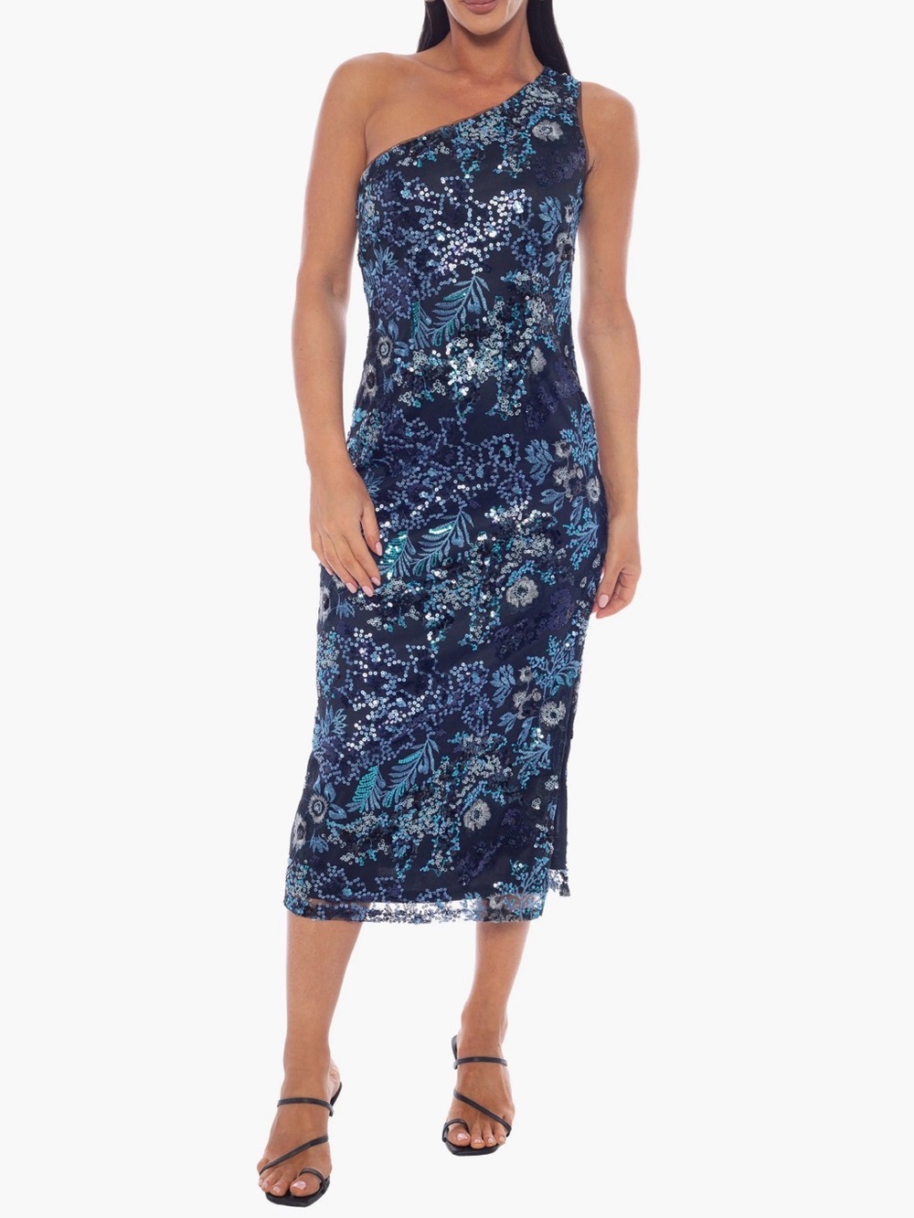 Oleg Cassini Black One-Shoulder Floral Sequin Dress with Blue Accents Sz M